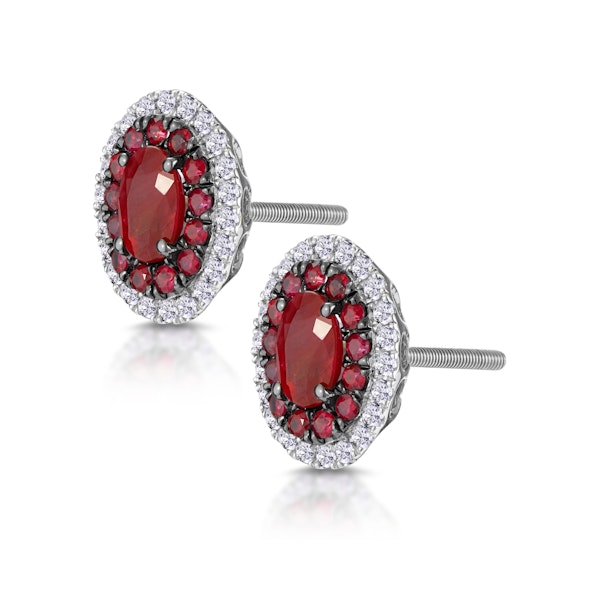Ruby and Diamond Halo Earrings in 18K White Gold - Asteria Collection - Image 3
