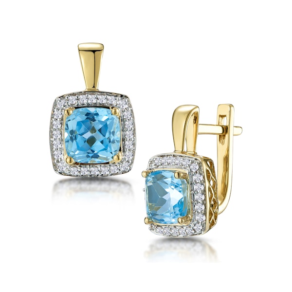 3ct Blue Topaz and Diamond Halo Earrings 18K Gold - Asteria Collection - Image 1