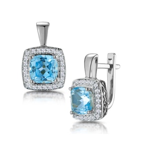 3ct Blue Topaz and Lab Diamond Halo Earrings 9KW Gold Asteria
