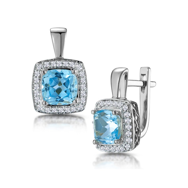 3ct Blue Topaz and Diamond Halo Earrings 18KW Gold Asteria Collection - Image 1