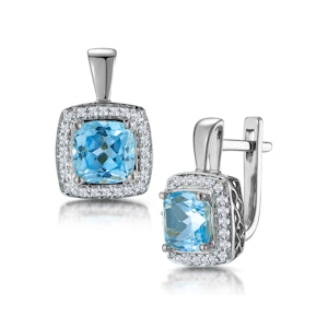 3ct Blue Topaz and Lab Diamond Halo Earrings 9KW Gold Asteria