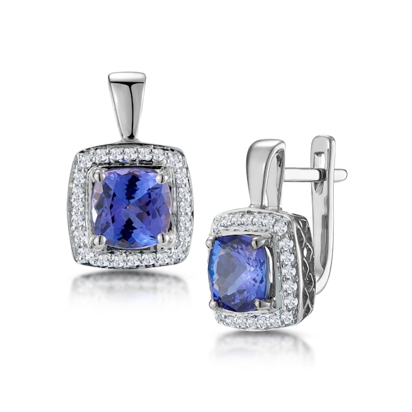 3ct Tanzanite and Diamond Halo Earrings 18KW Gold - Asteria Collection - Image 1