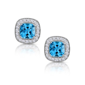 3ct Blue Topaz Asteria Diamond Halo Earrings in 18K White Gold