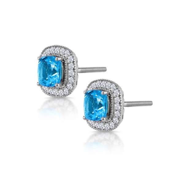 3ct Blue Topaz Lab Diamond Halo Earrings in 9K White Gold - Asteria - Image 2