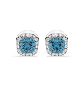 Beatrice Blue Lab Diamond Cushion Cut 1.30ct Halo Earrings in 18K White Gold - Elara Collection