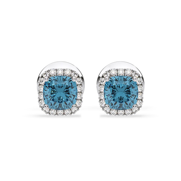 Beatrice Blue Lab Diamond Cushion Cut 1.30ct Halo Earrings in 18K White Gold - Elara Collection - Image 1