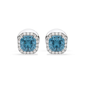 Beatrice Blue Lab Diamond Cushion Cut 1.30ct Halo Earrings in 18K White Gold - Elara Collection