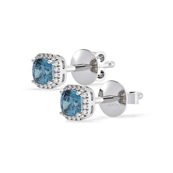 Beatrice Blue Lab Diamond Cushion Cut 1.30ct Halo Earrings in 18K White Gold - Elara Collection - Image 3