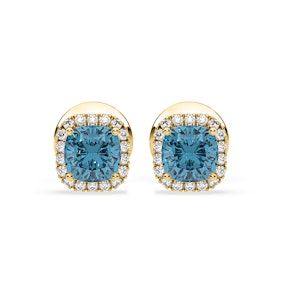 Beatrice Blue Lab Diamond Cushion Cut 1.30ct Halo Earrings in 18K Yellow Gold - Elara Collection