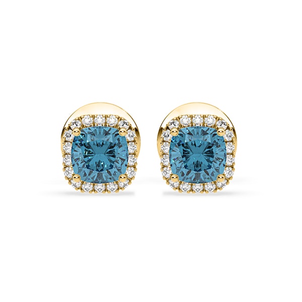 Beatrice Blue Lab Diamond Cushion Cut 1.30ct Halo Earrings in 18K Yellow Gold - Elara Collection - Image 1