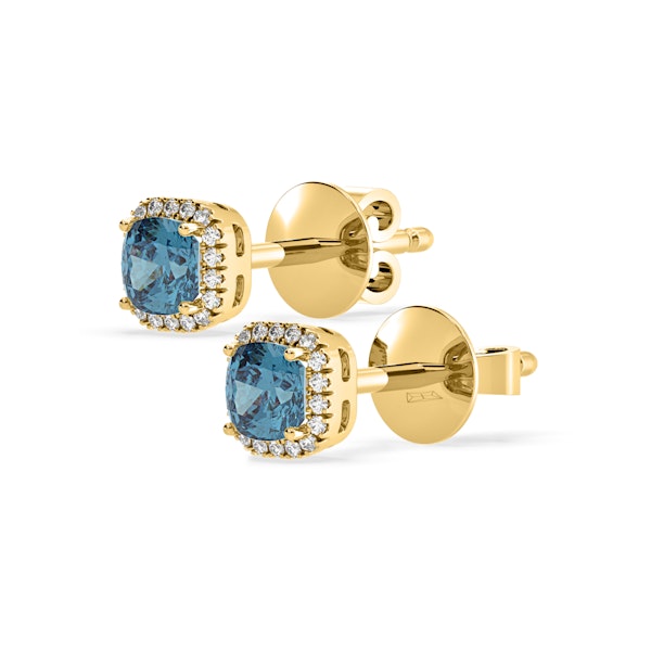 Beatrice Blue Lab Diamond Cushion Cut 1.30ct Halo Earrings in 18K Yellow Gold - Elara Collection - Image 3