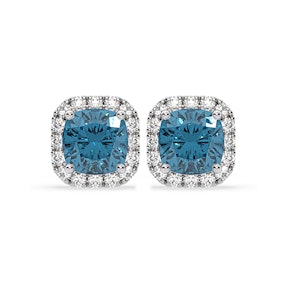 Beatrice Blue Lab Diamond Cushion Cut 2.45ct Halo Earrings in 18K White Gold - Elara Collection