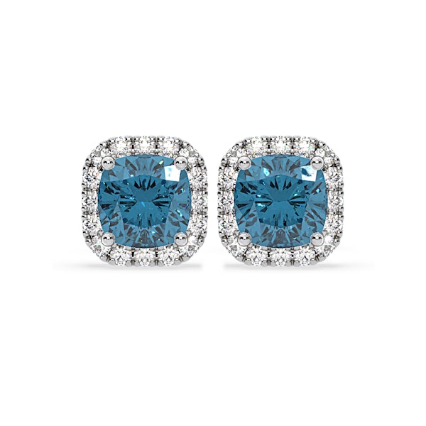 Beatrice Blue Lab Diamond Cushion Cut 2.45ct Halo Earrings in 18K White Gold - Elara Collection - Image 1