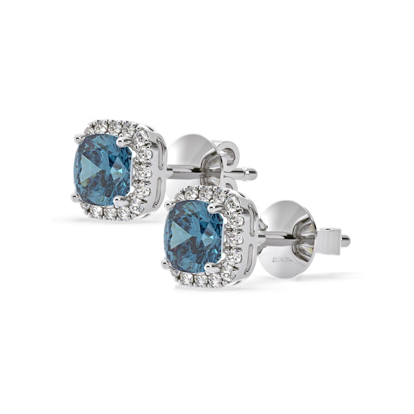 Beatrice Blue Lab Diamond Cushion Cut 2.45ct Halo Earrings in 18K White Gold - Elara Collection - Image 3