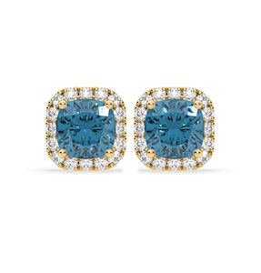 Beatrice Blue Lab Diamond Cushion Cut 2.45ct Halo Earrings in 18K Yellow Gold - Elara Collection