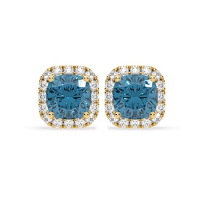 Beatrice Blue Lab Diamond Cushion Cut 2.45ct Halo Earrings in 18K Yellow Gold - Elara Collection