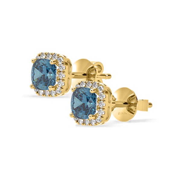 Beatrice Blue Lab Diamond Cushion Cut 2.45ct Halo Earrings in 18K Yellow Gold - Elara Collection - Image 3