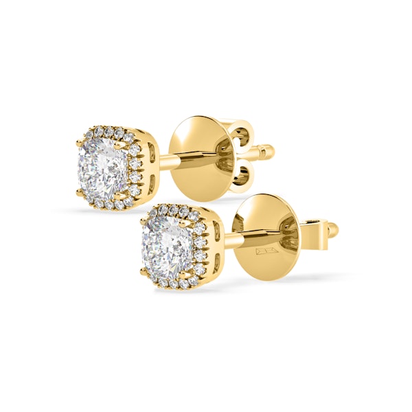 Beatrice Cushion Cut Lab Diamond Halo Earrings 1.30ct in 18K Yellow Gold F/VS1 - Image 3