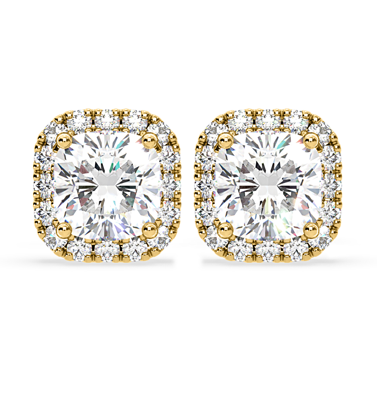 Beatrice Cushion Cut Lab Diamond Halo Earrings 2.45ct in 18K Yellow Gold F VS1