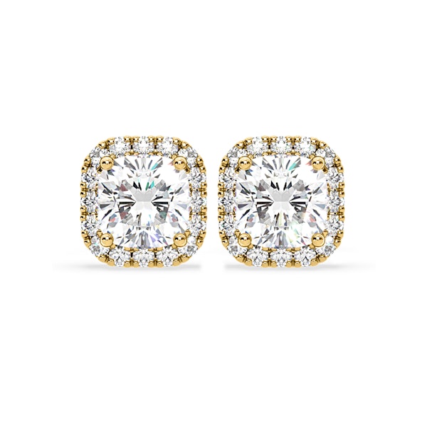 Beatrice Cushion Cut Lab Diamond Halo Earrings 2.45ct in 18K Yellow Gold F/VS1 - Image 1