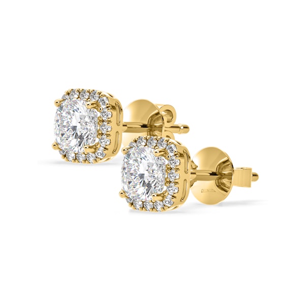 Beatrice Cushion Cut Lab Diamond Halo Earrings 2.45ct in 18K Yellow Gold F/VS1 - Image 3