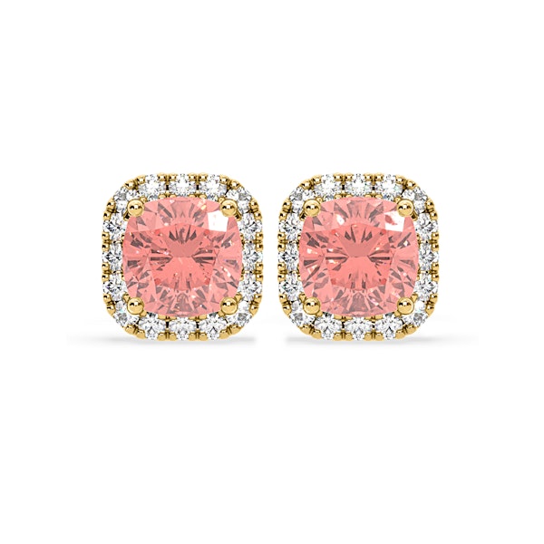 Beatrice Pink Lab Diamond Cushion Cut 2.45ct Halo Earrings in 18K Yellow Gold - Elara Collection - Image 1