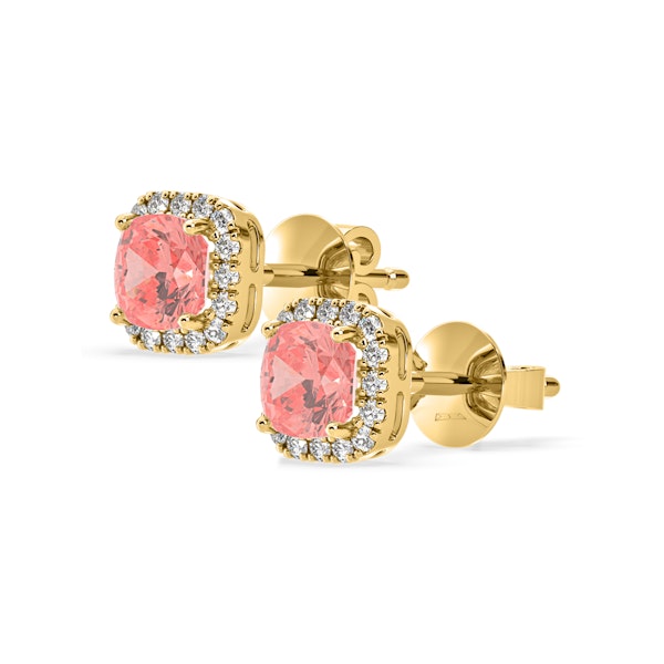 Beatrice Pink Lab Diamond Cushion Cut 2.45ct Halo Earrings in 18K Yellow Gold - Elara Collection - Image 3