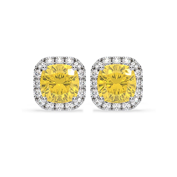 Beatrice Yellow Lab Diamond Cushion Cut 2.45ct Halo Earrings in 18K White Gold - Elara Collection - Image 1