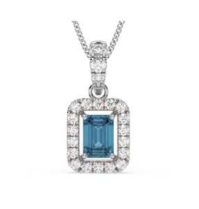 Annabelle Blue Lab Diamond Emerald Cut Halo Necklace 1.38ct in 18K White Gold - Elara Collection