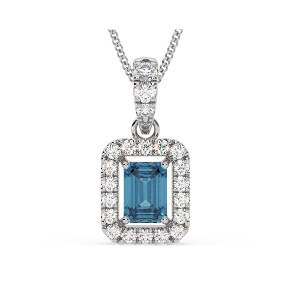 Annabelle Blue Lab Diamond Emerald Cut Halo Necklace 1.38ct in 18K White Gold - Elara Collection - Image 1