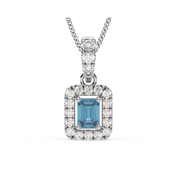 Annabelle Blue Lab Diamond Emerald Cut Halo Necklace 0.70ct in 18K White Gold - Elara Collection - Image 1