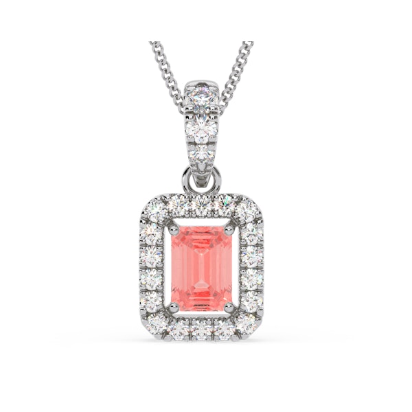 Annabelle Pink Lab Diamond Emerald Cut Halo Necklace 1.38ct in 18K White Gold - Elara Collection - Image 1