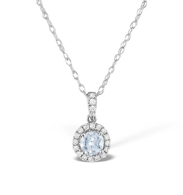 Aquamarine 5mm And Diamond 18K White Gold Pendant Necklace - image 1