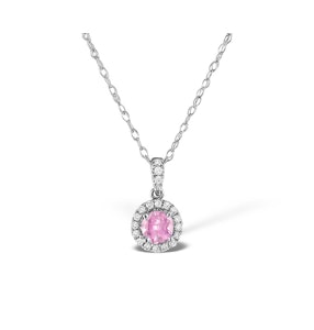 Pink Sapphire 5mm and Diamond 18K White Gold Pendant Necklace