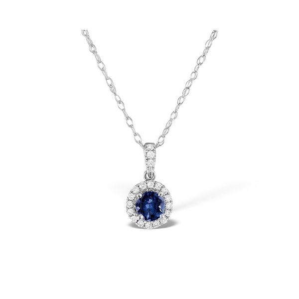 Sapphire 5mm And Diamond Halo 18K White Gold Pendant Necklace - Image 1
