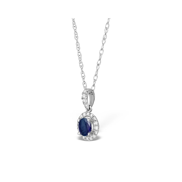 Sapphire 5mm And Diamond Halo 18K White Gold Pendant Necklace - Image 2