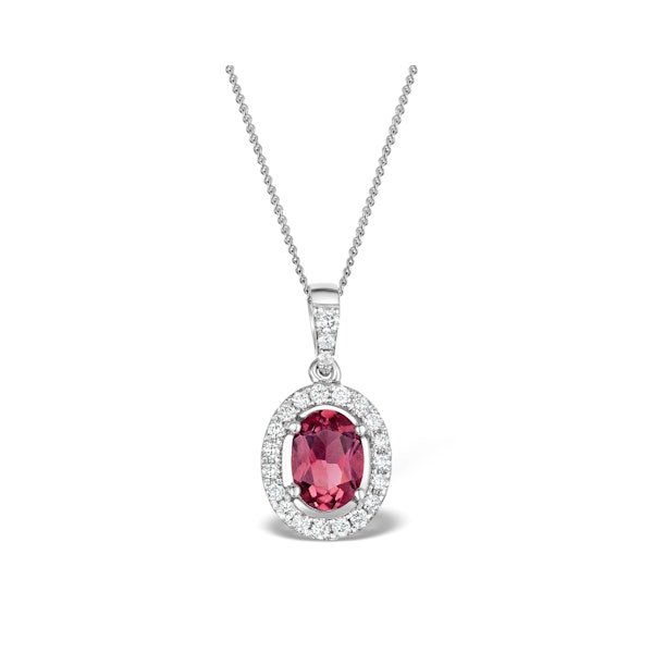 Pink Tourmaline and Diamond Halo Pendant Necklace 18K White Gold FR34 - Image 1