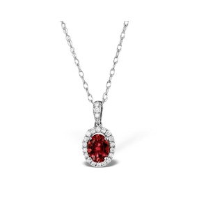 Ruby 7 x 5mm And Diamond Halo 18K White Gold Pendant Necklace