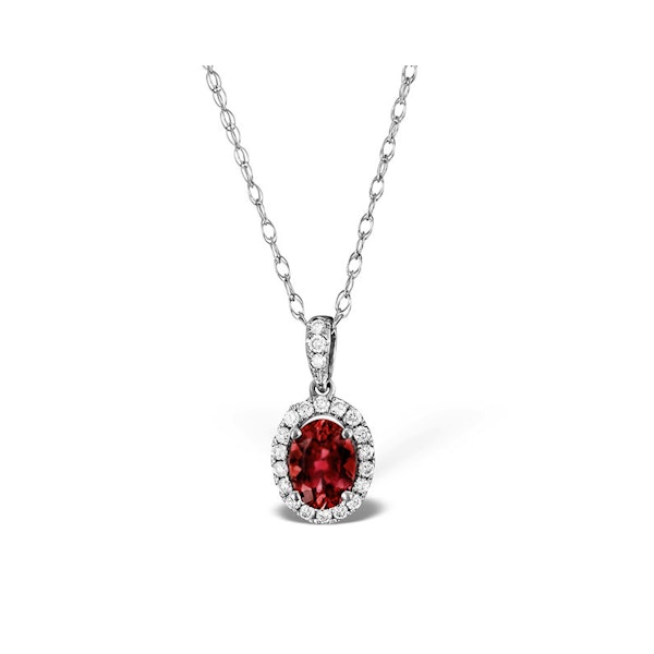 Ruby 7 x 5mm And Diamond Halo 18K White Gold Pendant Necklace - Image 1