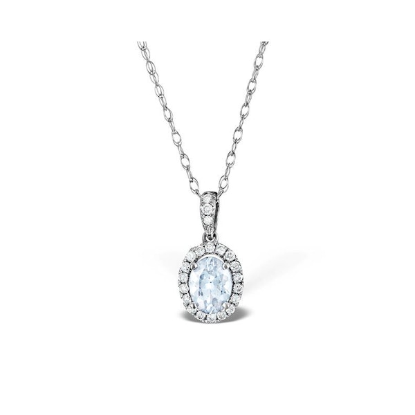 Aquamarine 7 x 5mm And Diamond 18K White Gold Pendant Necklace - Image 1