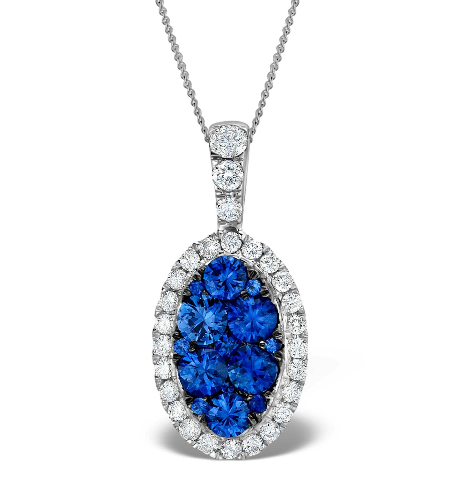 1.42ct Sapphire and Diamond 18K White Gold Cluster Pendant Necklace