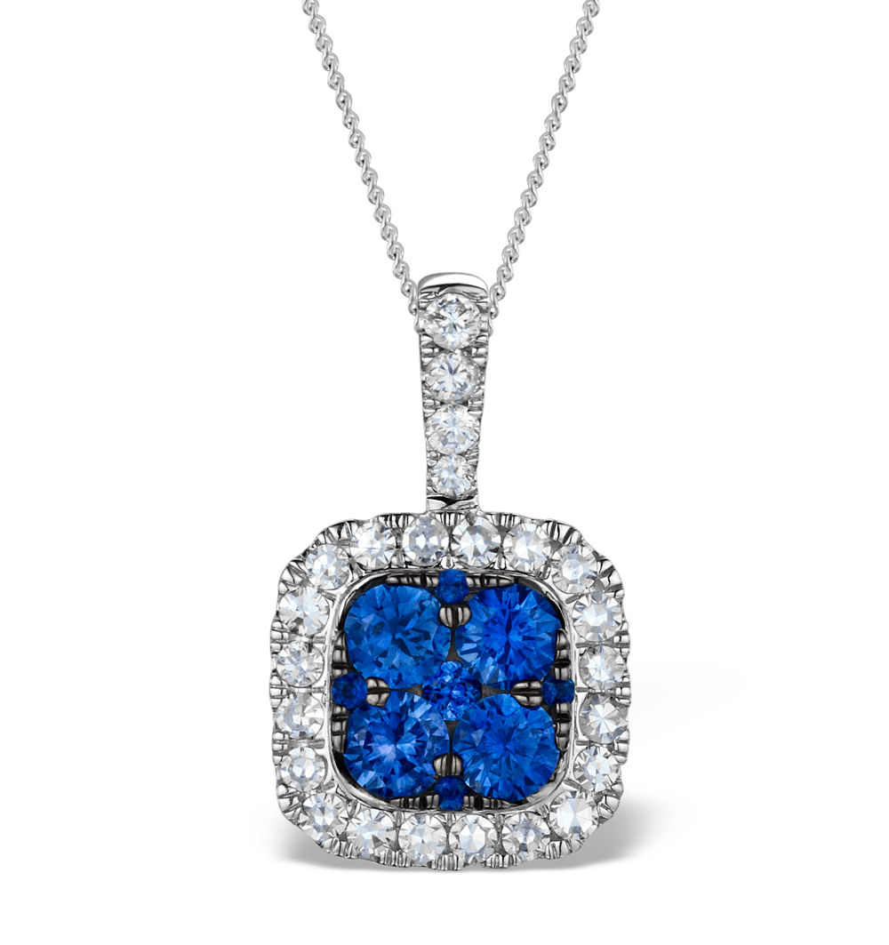 1.50ct Sapphire and Diamond 18K White old Halo Pendant Necklace