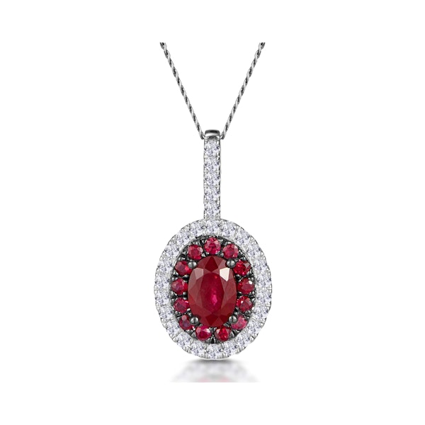 Ruby and Diamond Oval Halo Necklace in 18KW Gold - Asteria Collection - Image 1