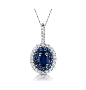 Sapphire and Lab Diamond Oval Halo Necklace 9KW Gold Asteria
