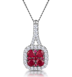 Ruby and Diamond Halo Necklace in 18K White Gold - Asteria Collection