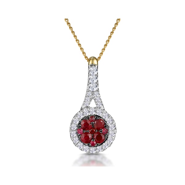 Ruby and Diamond Halo Circle Necklace in 18K Gold - Asteria Collection - Image 1