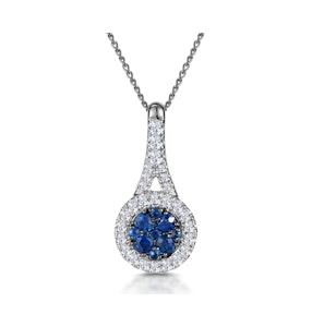 Sapphire and Diamond Halo Round Asteria Necklace 18KW Gold