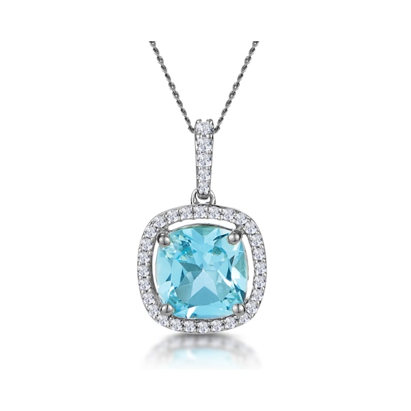 2ct Blue Topaz and Diamond Halo Asteria Necklace 18KW Gold - Image 1