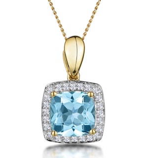 2ct Blue Topaz and Diamond Halo Square Asteria Necklace in 18K Gold