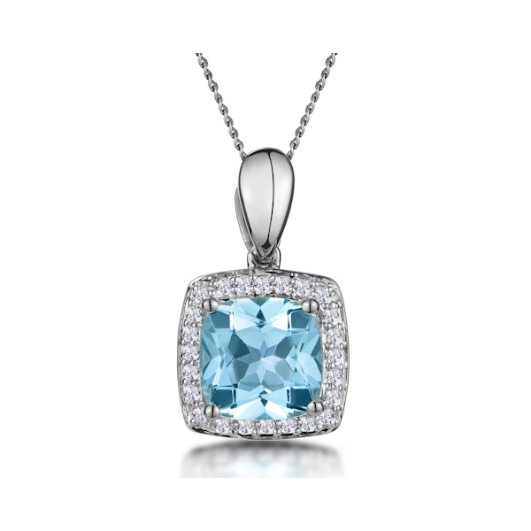 2ct Blue Topaz and Diamond Halo Square Asteria Necklace in 18KW Gold - Image 1